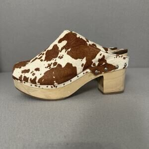 Wood Bottom Cow Hair Print Heeled Clogs Slip On Leather Mules Size 8